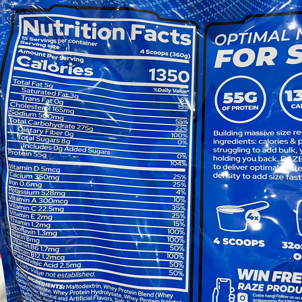 MASS RAZE GAINER 5.4kg - Thực phẩm hỗ trợ tăng cân, tăng cơ cho người gầy, giàu Protein bổ sung calo, thêm BCAA và EAA (4)