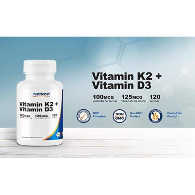 Vitamin D3 (5000 IU) + K2 (MK 7) (100mcg) Nutricost 120 viên nang hỗ trợ xương khớp,bảo vệ sức khỏe, cơ bắp,Sức Đề Kháng (9)