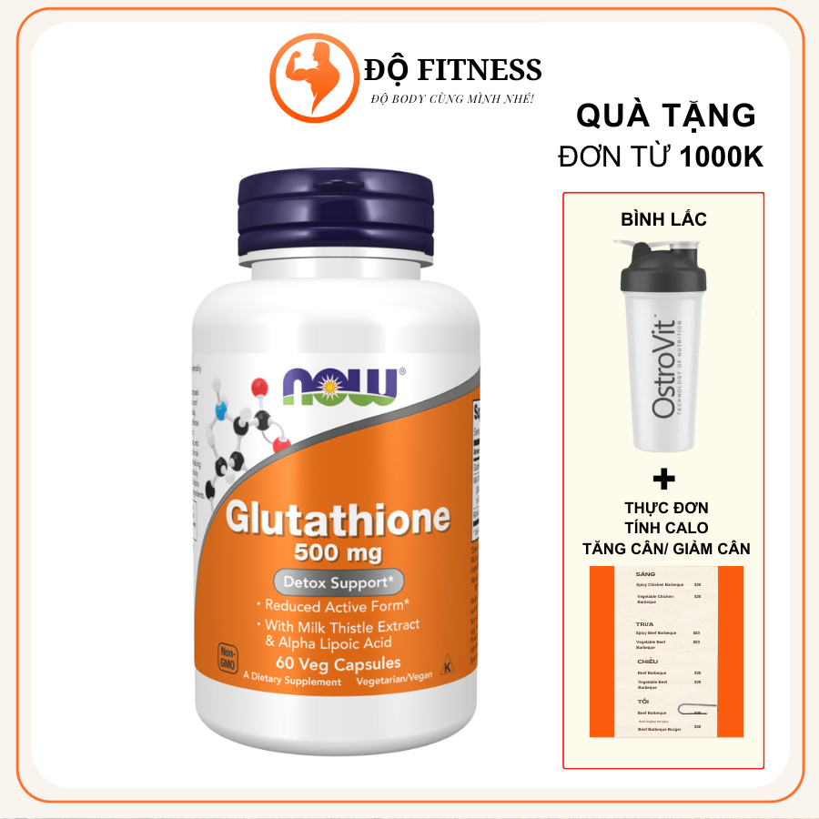 Glutathione 500mg Now (60 viên) Uống Hỗ Trợ Trắng Da, giải độc gan Làm Đẹp Da Chống Oxy Hóa (1)