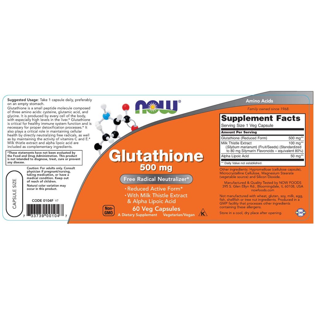 Glutathione 500mg Now (60 viên) Uống Hỗ Trợ Trắng Da, giải độc gan Làm Đẹp Da Chống Oxy Hóa (2)