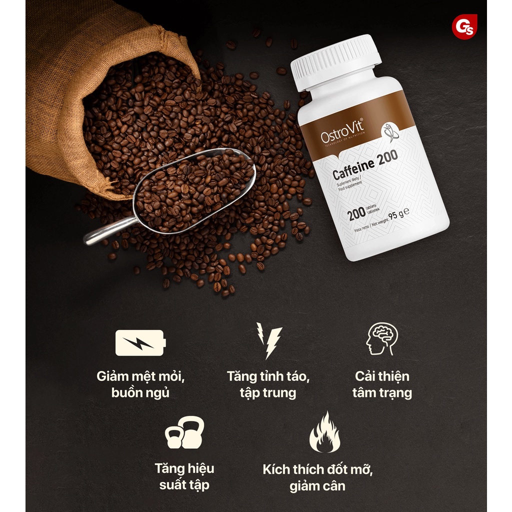 Viên Caffeine Ostrovit (200mg, 200 viên) Tăng Năng Lượng, Tỉnh Táo, Tập Trung, tăng hiệu suất luyện tập, hỗ trợ giảm cân (13)